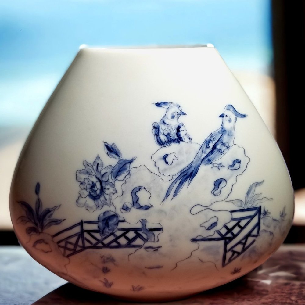 White Ceramic Vase with Exotic Blue Birds by Heinrich & Co. Bavaria Germany